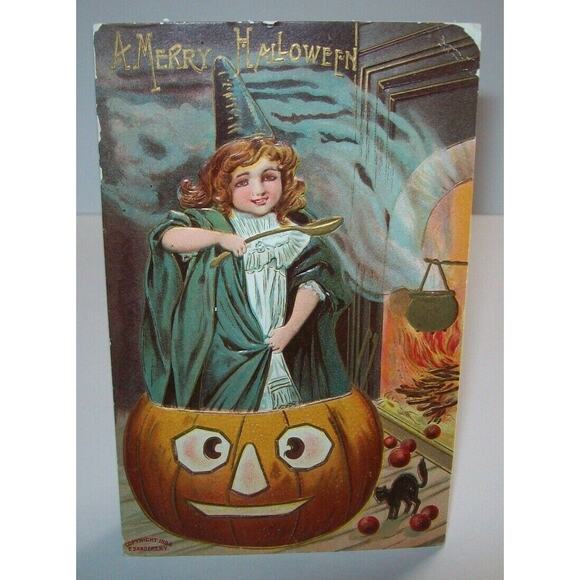 Halloween Fantasy Postcard Sanders Original Embossed Witch Howard Kansas 1909 - Picture 2 of 5
